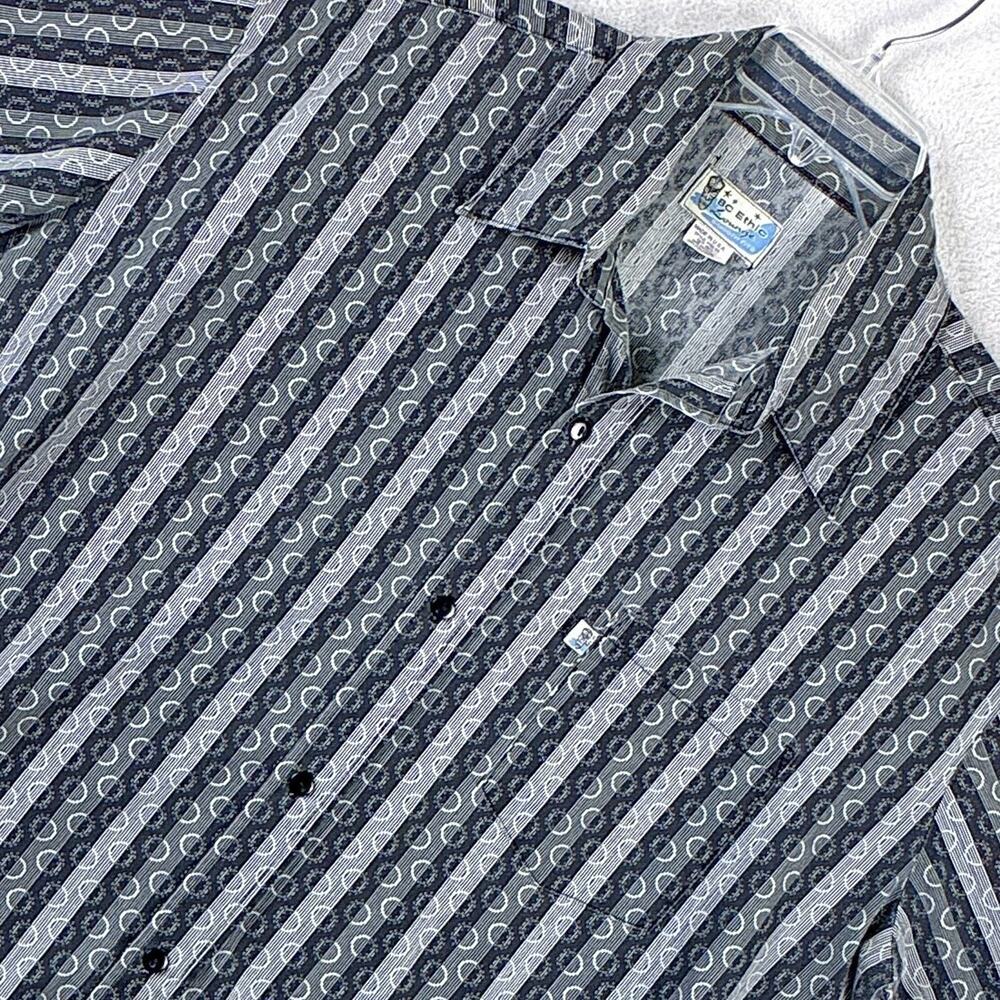 VTG BC Ethic Lounge Camp Shirt Mens L Black Gray Stripe Swingers Tiki Aloha USA